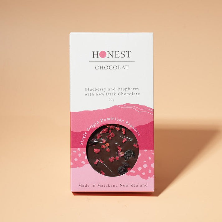 Blueberry & Raspberry - Dark Chocolate Bar - 64% Cacao